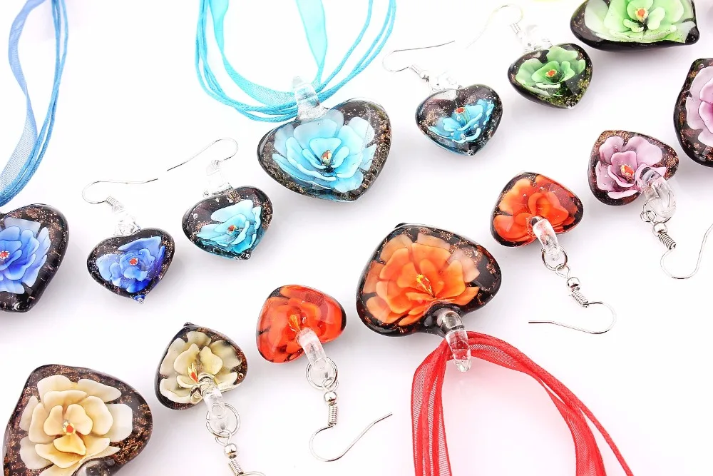 Wholesale 6Sets Murano Lampwork Glass Charm Heart Sets For Womens Jewelry Hot Style