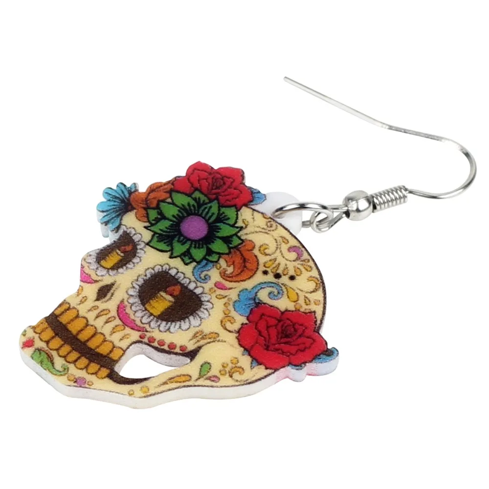 Bonsny-pendientes acrílicos con forma de calavera para mujer y niña, aretes colgantes con diseño Floral clásico de Halloween, joyería a la moda,