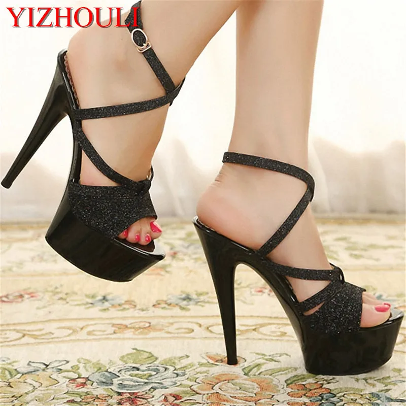 

15cm women's fashion sandals, sexy club pole dancer shoes, 6-inch strappy crystal sandals