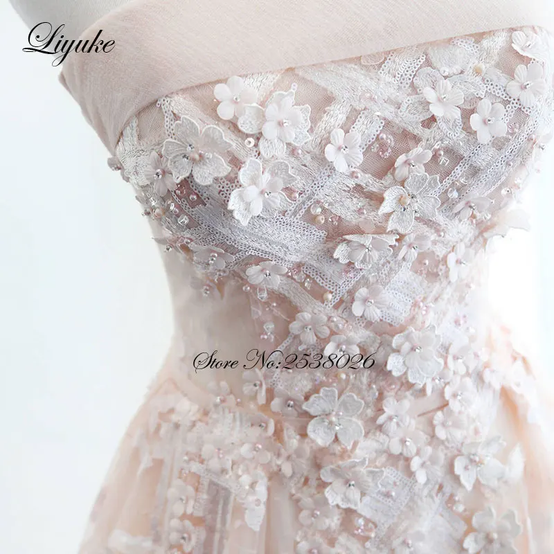 Liyuke Lustrous Lace Strapless Sleeveless A-Line Mother of the bride dress With Beading Pearls Sequined With Flower Formal Dress