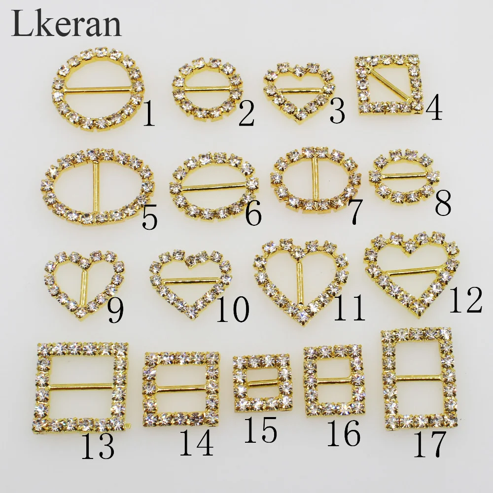 LKERAN 10pcs Golden Rhinestone Invitation Ribbon slider buckle for Ribbons Wedding Supply Gift Wrap Hair bow Center