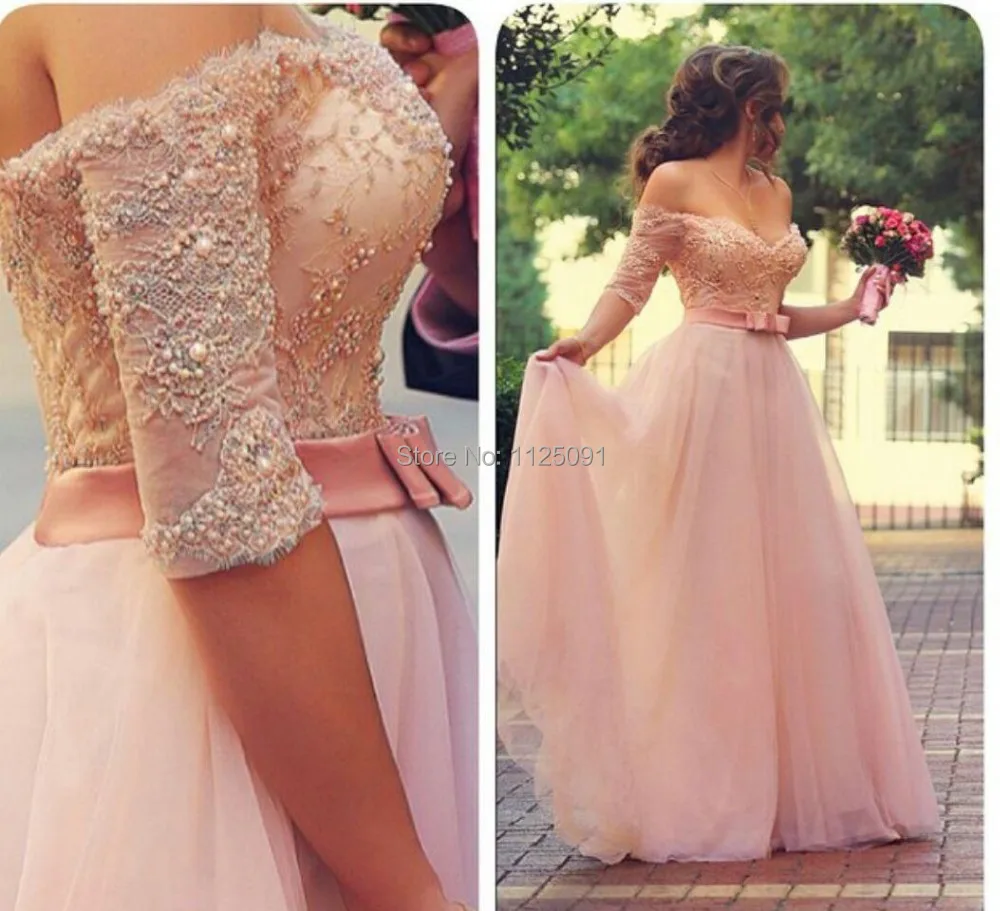 Charming A line tulles formal evening dresses sweetheart with half sleeve lace beaded bow sash floor length prom gowns