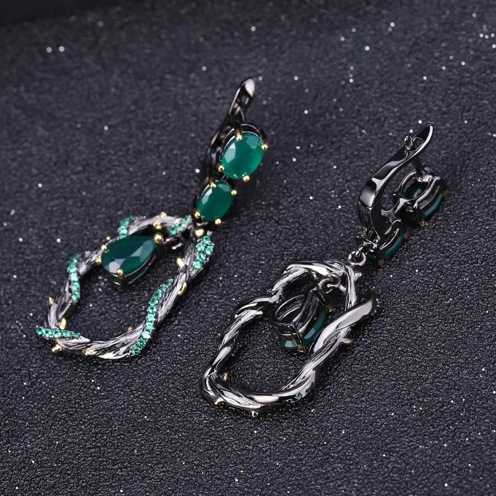 GEM\'S BALLET Natural Green Agate Gemstone Earrings 925 Sterling Silver Creative Handmade Snake Drop Earrings for Women Bijoux