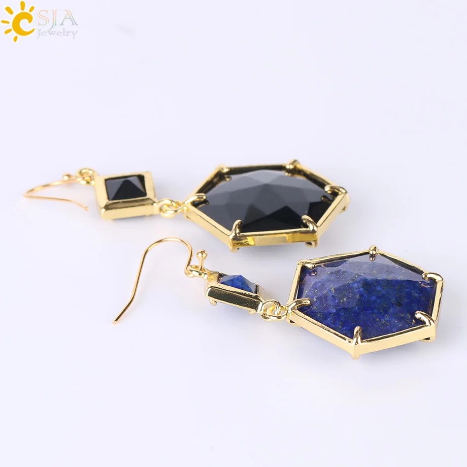 CSJA Women Drop Earrings Prong Setting Geometric Gems Jewelry Double Side Faceted Hexagon Natural Stone Labradorite Earring F409