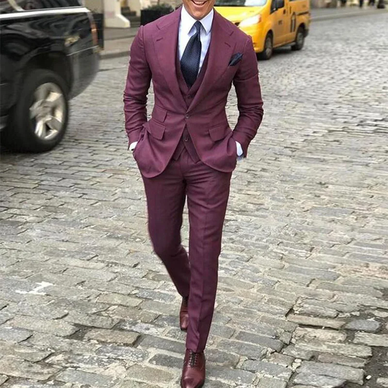 

Burgundy Red One Button Men's Slim Fit Suits Notched Lapel Business Men Wedding Tuxedo Suits Custom Made Costume Homme Suits