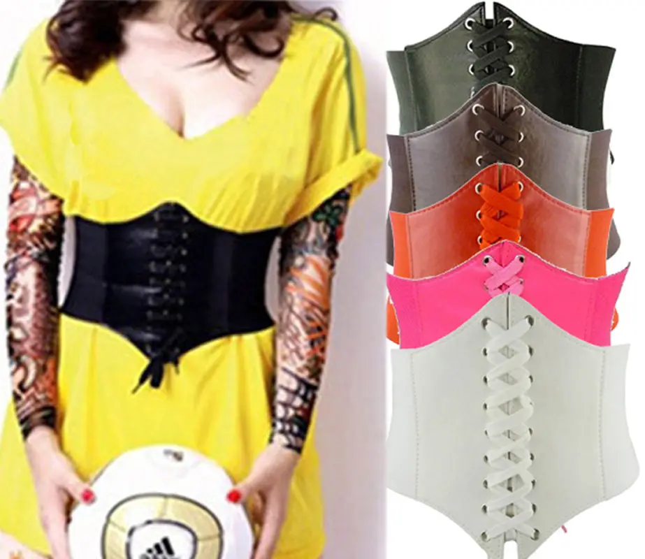 Brand New PU Leather Hot Sale Fashion Women Lace Up Corset Bandage Solid Waist Belt Stretchy Elastic Wide Belt Shape-Making Belt