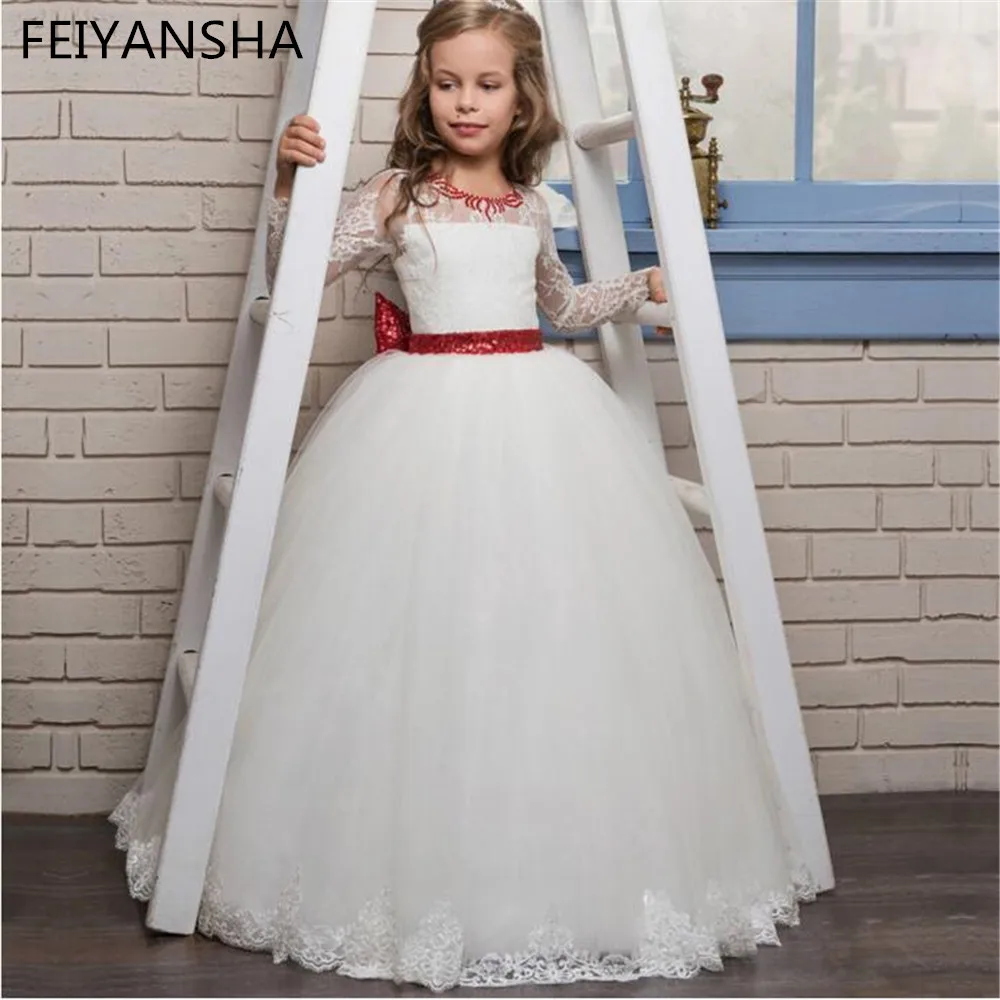 Laço branco primeiro vestido de comunhão para meninas com arco vermelho tule manga longa vestidos da menina de flor vestido de concurso feito sob encomenda