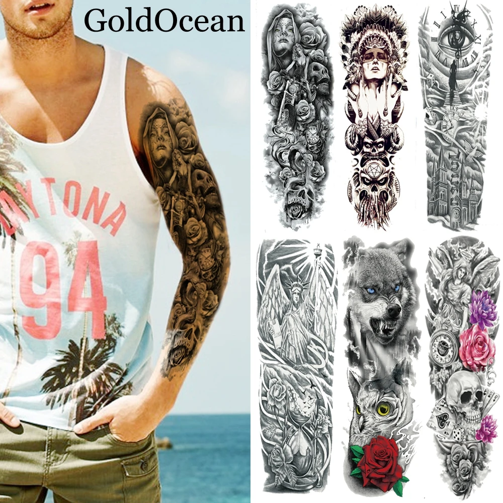 50 Pieces Wholesale 48x17CM Full Arm Temporary Tattoo Long Leg Fake Fox Skull Tatoo Body Art Flash Tattoo Stickers For Men Women