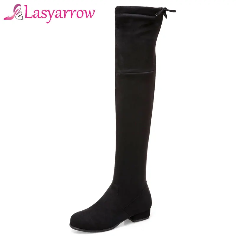 Lasyarrow2018 Nuovo Autunno Punta Rotonda di Spessore Inferiore Sopra il Ginocchio Stivali Tacco Quadrato Basso Coscia Alti Stivali In Pizzo Up