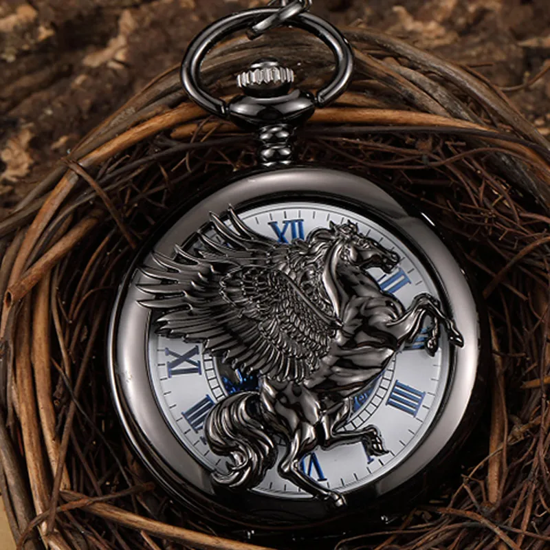 Black Steampunk Horse With Wing Mechanical Pocket Watch Men Skeleton Hollow Fob Watch Necklace With Chain For Men Boy Gift