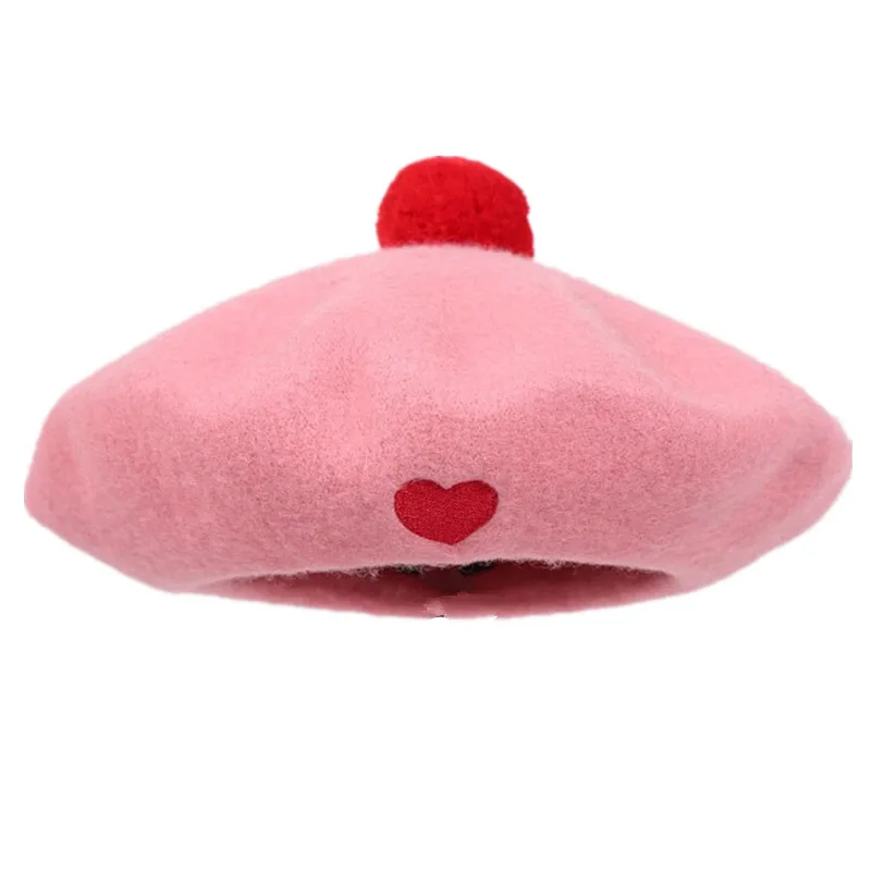 Lolita Girls Baby Pink Manga Heart Pom Pom Beret Hat Kawaii Cute Painter Beret Cap