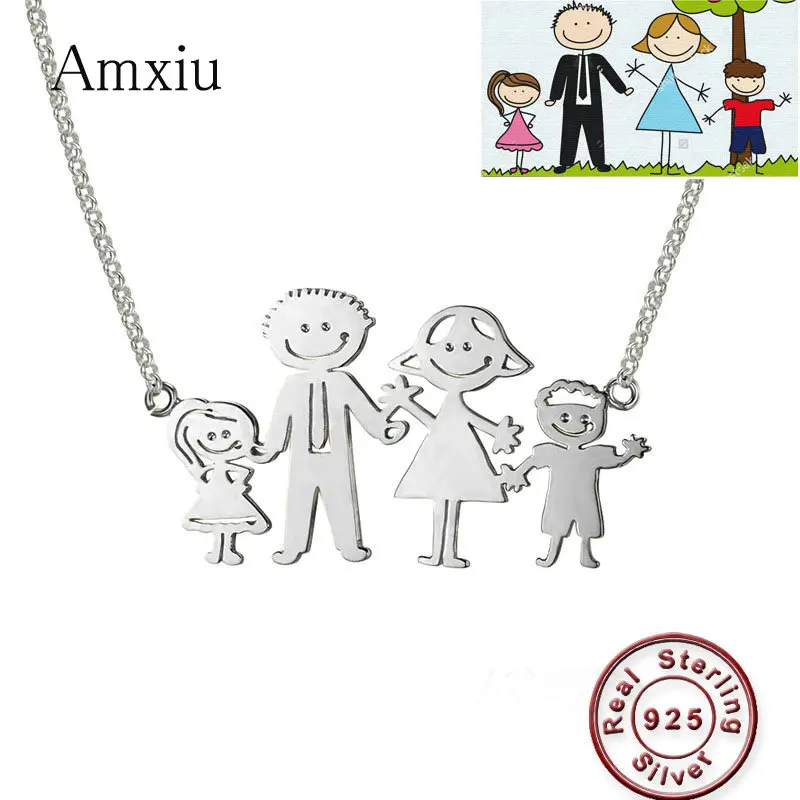 

Amxiu Custom 925 Silver Jewelry DIY 2-7 Family Members Pendant Necklace Handwritten Children's Drawing Family Portrait Necklace