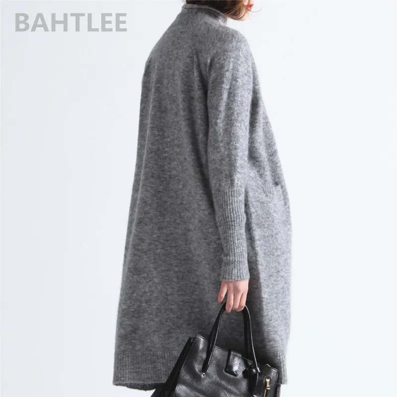 BAHTLEE-Women\'s Mohair Cardigan Sweater with Pocket, V-Neck, Knitted, Monochromatic, Long Sleeves, Wool Coat, Casual, Lazy Style