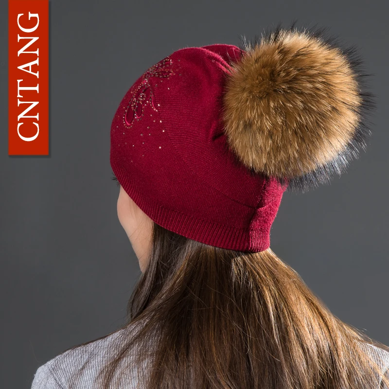 CNTANG moda strass farfalla berretti di lana lavorati a maglia autunno inverno cappelli da donna caldi per cappello di berretti Pompon di pelliccia