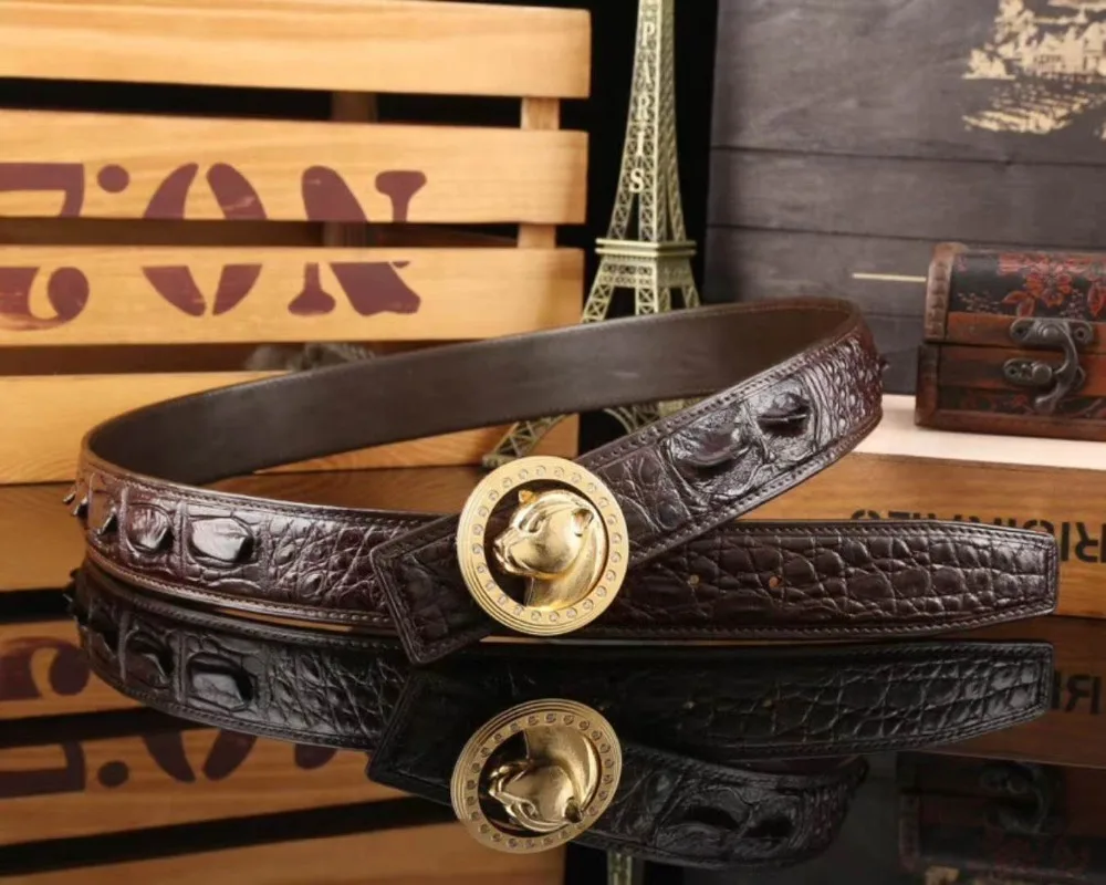 

100% real genuine crocodile back skin men belt top luxury quality crocodile skin men fashion belt with gold metal buckle head