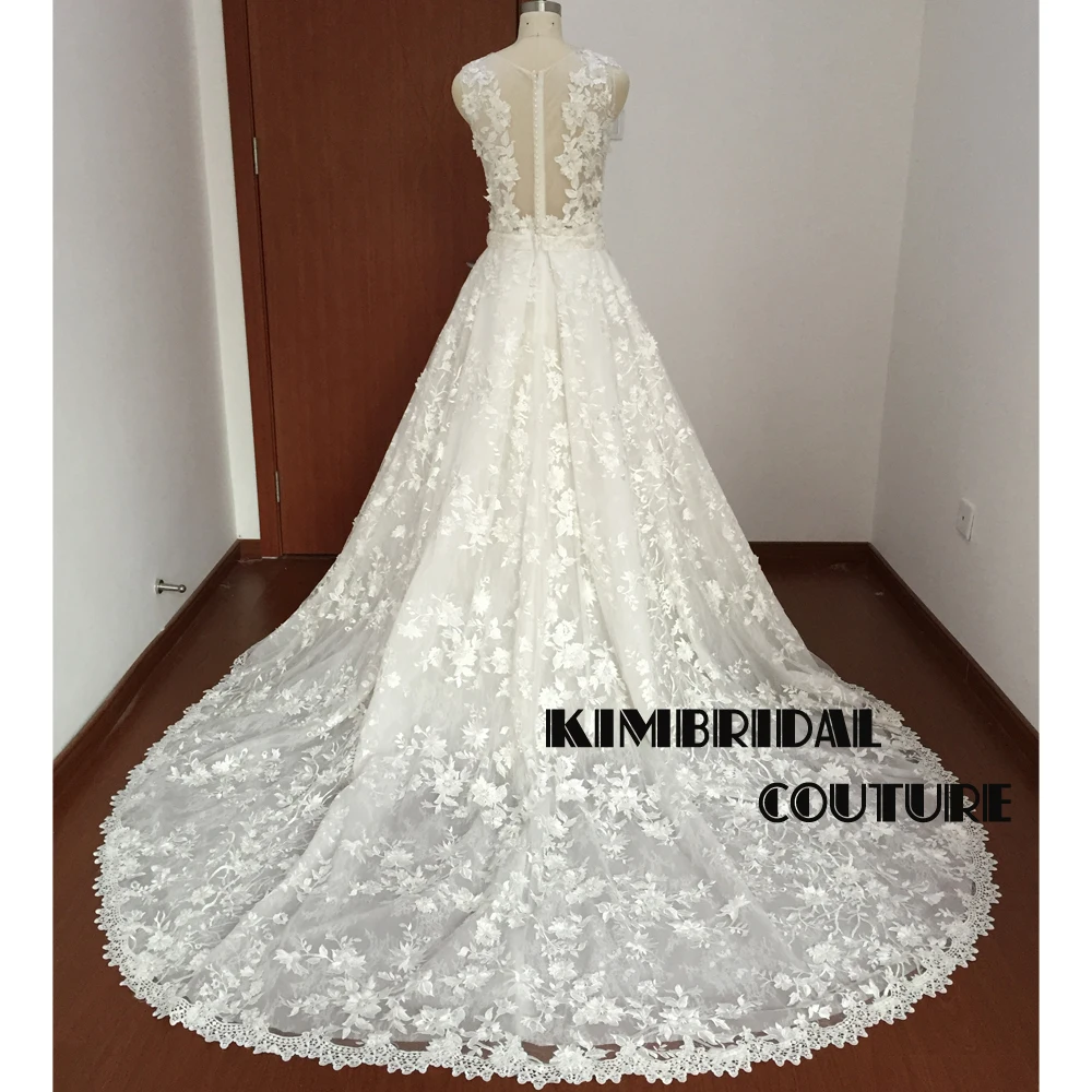 Wedding Dresses with Detachable Train Sheer Crew V Neck Lace Appliques Flowers Chapel Train Bridal Dresses Real Picture