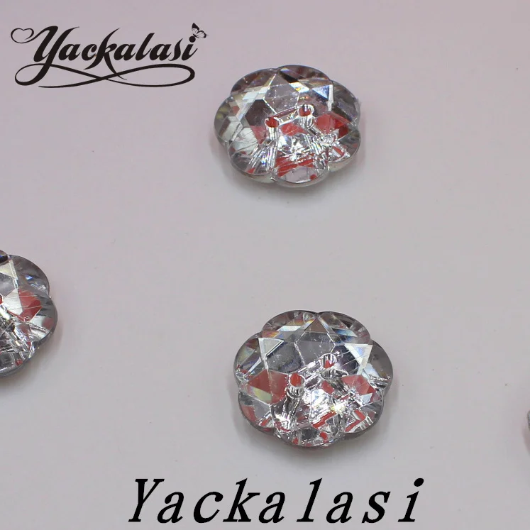 YACKALASI 50 Pieces/Lot Crystal Buttons Lotus Rhainstone 2 holes Round 26mm Wide bright silver button