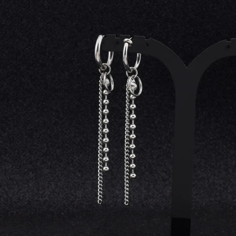 KPOP men Threader Earrings- stainless steel chain drop pendan-minimalist earring-Circle chain stud Earring-Bar chain earring men
