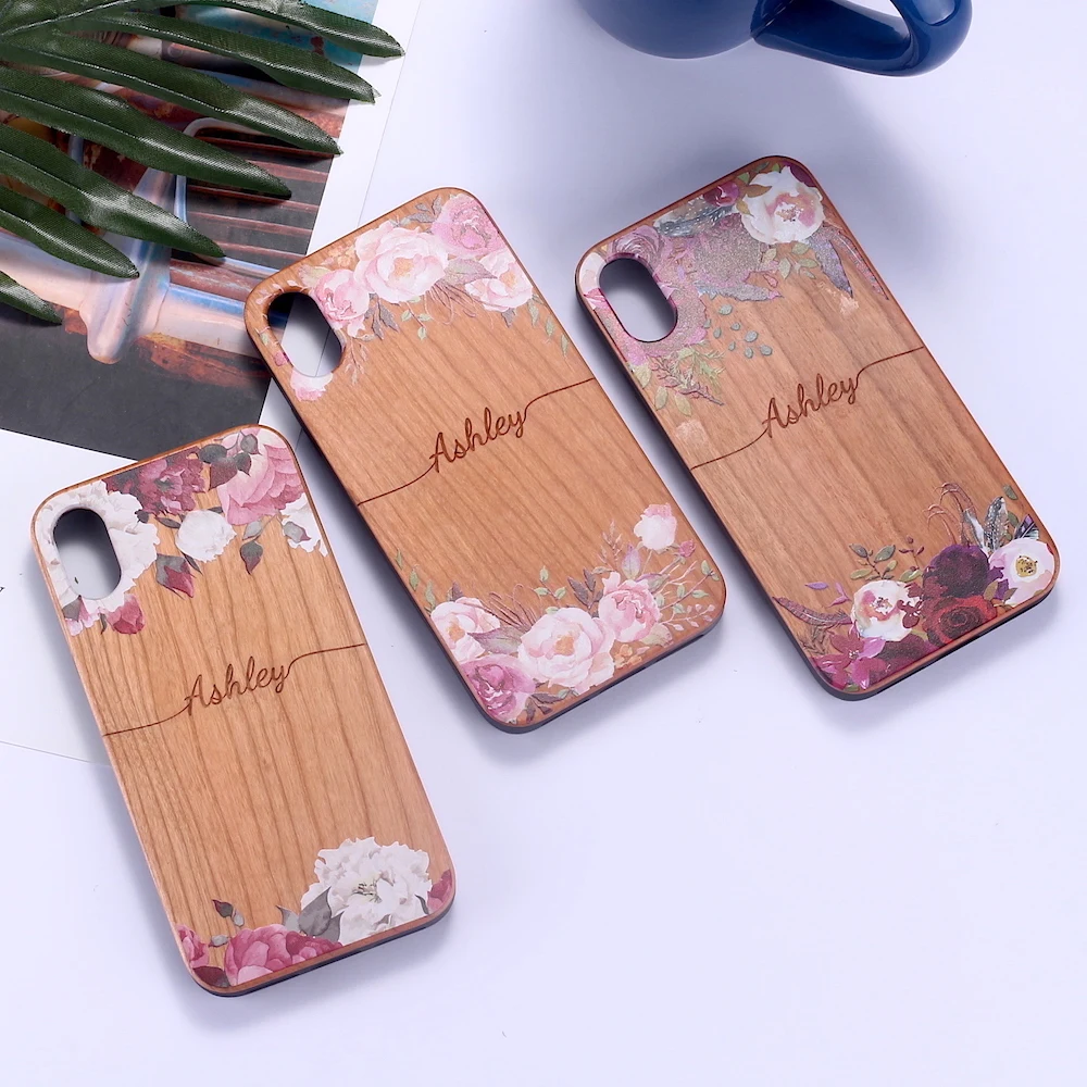 Custom Personalized Vintage Cherry Wood Floral Flower Border your Name Phone Case For iPhone 15 14ProMax 14Plus 13Promax 13 12 1