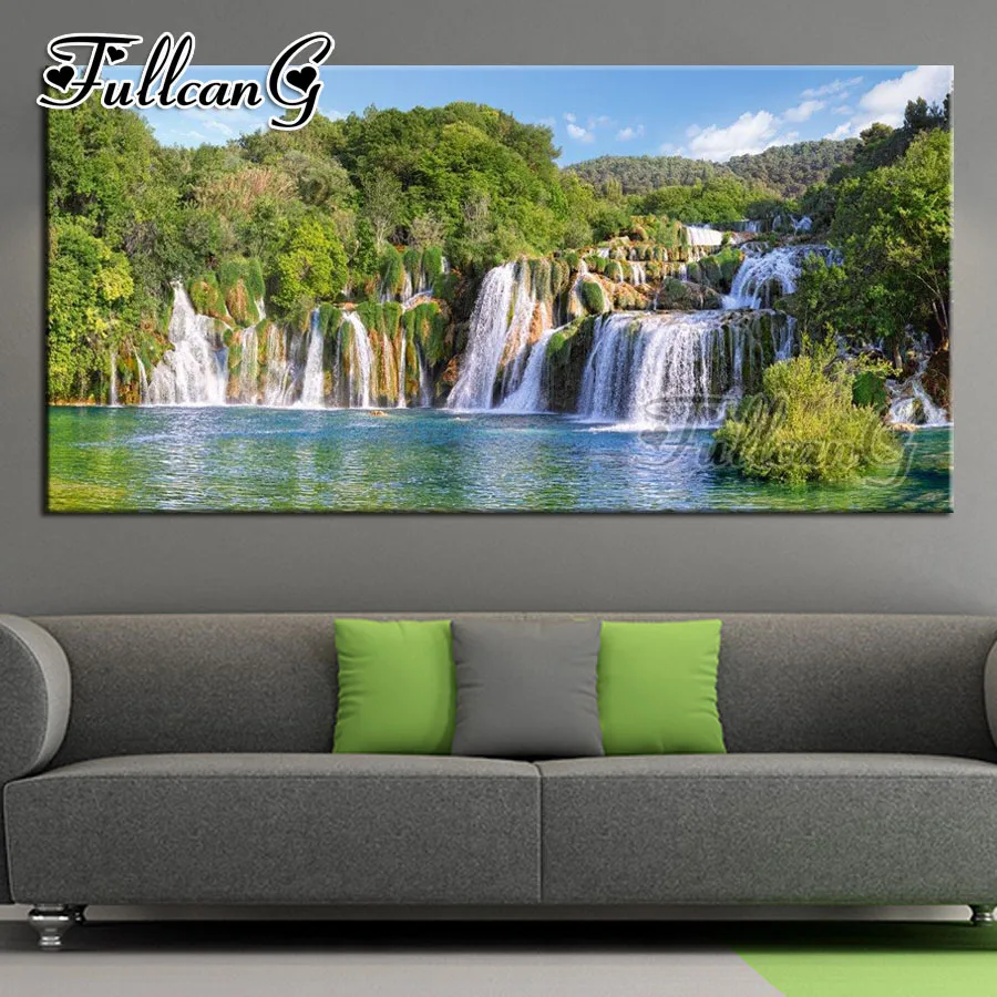 

FULLCANG full square/round drill diy large diamond painting natural landscape 5d mosaic embroidery waterfall lake decor FC988