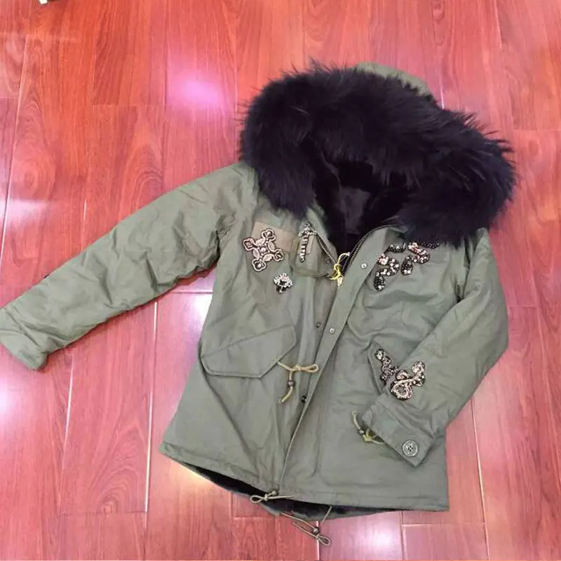 Newest Army Green Short Parka Raccoon Fur Collar Men Jacket Black Faux Fur Lined Overcoat