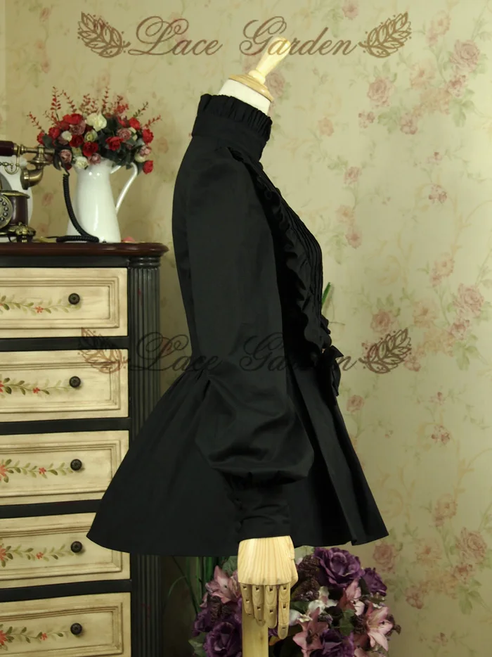 Lace Garden Branded Vintage Cascading Ruffles Women\'s Lantern Sleeve Black Lolita Blouse with Bow