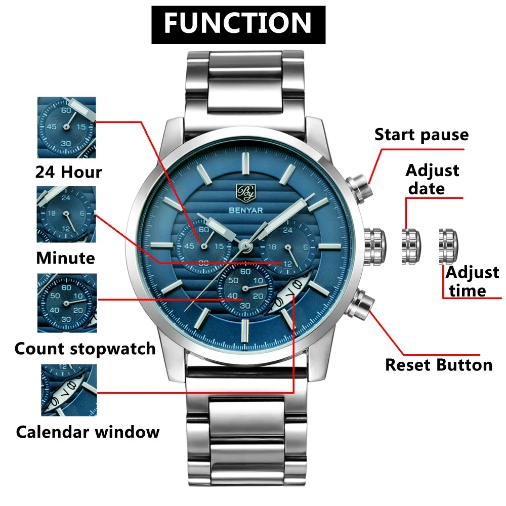 BENYAR Business Chronograph Sport All steel Men Watches Top Brand Luxury Military Quartz Male Watchwrist Clock Relogio Masculino