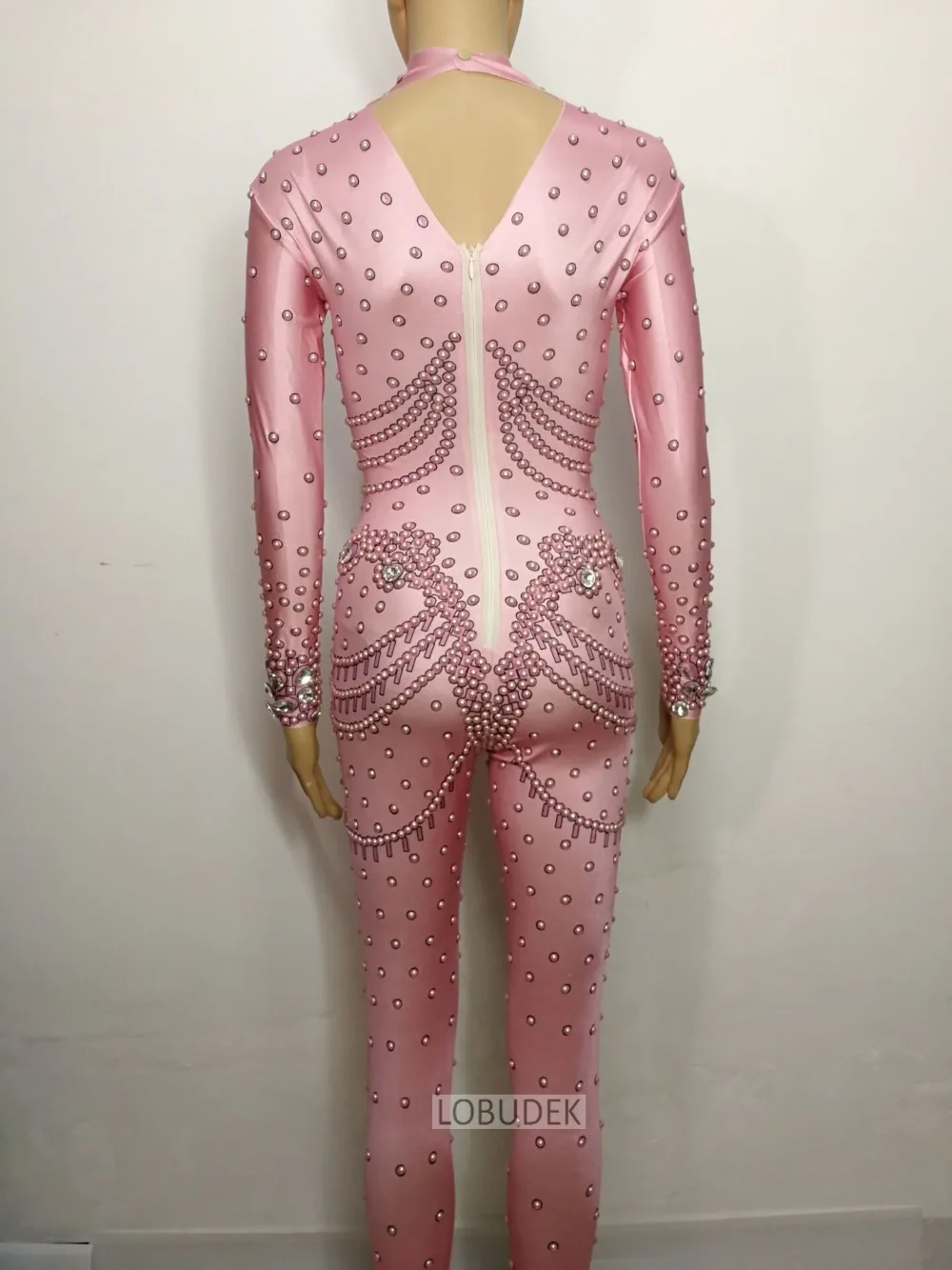 Pink Pearl Rhinestones Skinny Jumpsuit Women Singer Bar Stage Performance Costume Birthday Celebrate Party Festival Clothing