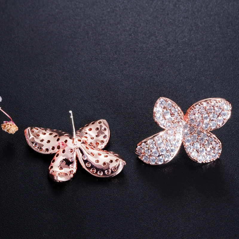 CWWZircons Rose Gold Color Micro Paved CZ Stone Flower Leave Simple Fashion Stud Earring for Women Famous Brand Earrings CZ436