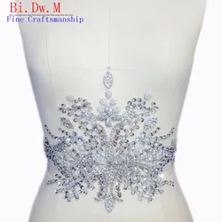 Bi.Dw.M Fine artigianato argento cristallo strass perline Appliques per cucire patch 22x34cm per la decorazione di cerimonia nuziale abito da sposa