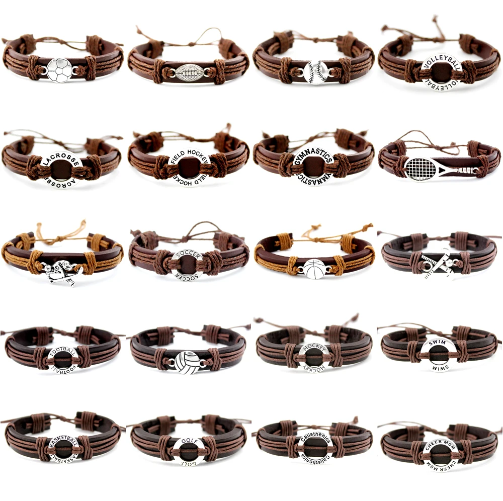 Volleyball Football Soccer Softball Lacrosse Hockey Basketball Calisthenics Charm Leather Bracelets Women Men Unisex Jewelry