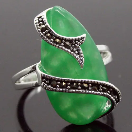 24*13mm 925 Silver Natural Green Natural JADE Snake Shape Marcasite Ring Size 7/8/9/10