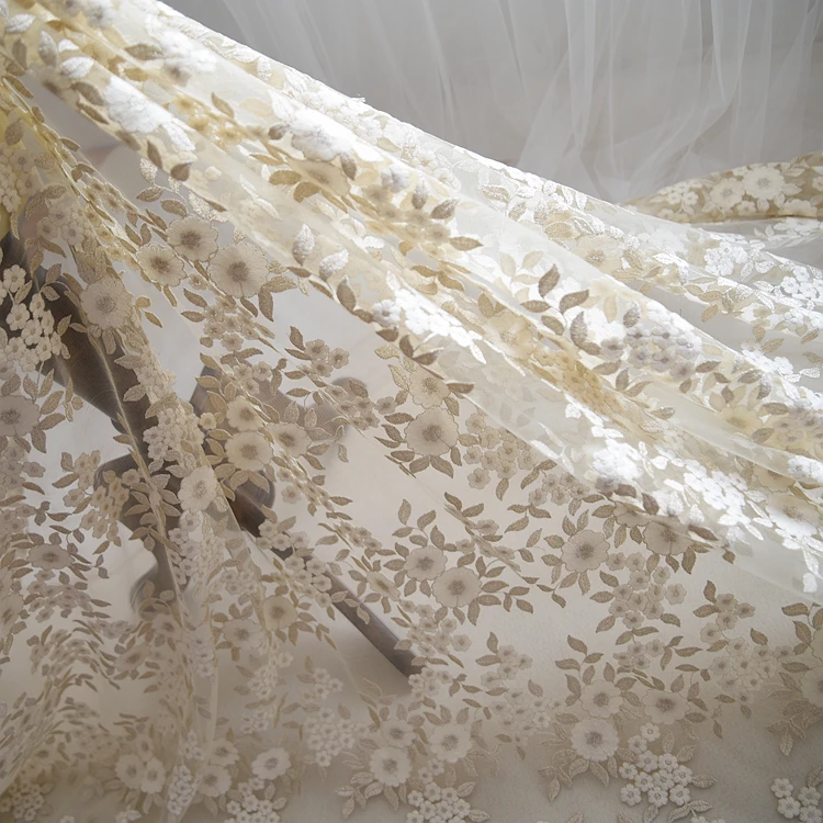 Soft Ivory White Champagne Gold Lace Thread Fabric Leaves Embroidery Organza Tulle Mesh Lace Fabric