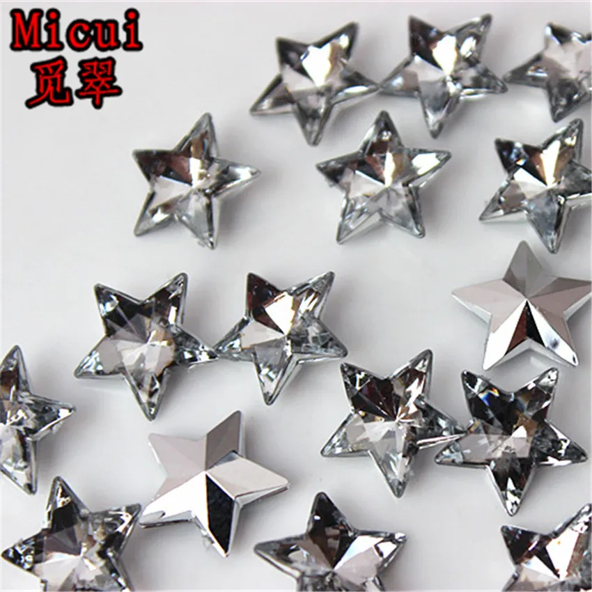 Micui 100PCS 14mm Five pointed star Rhinestone Acrylic Rhinestone Pointback Stones Crystal For DIY Clothes Dress Crafts ZZ170