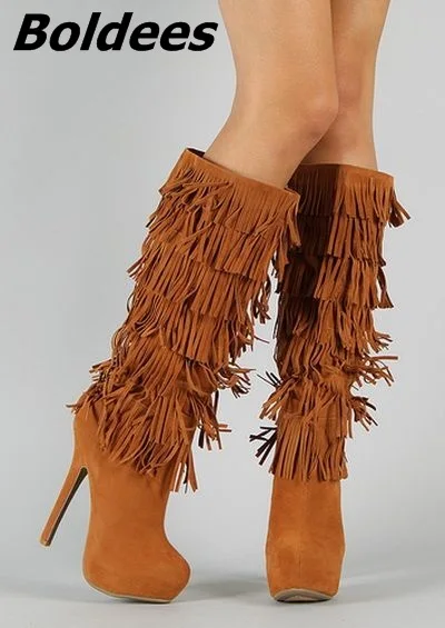 

Fancy Women Brown Suede Flowing Fringe Stiletto Heels Mid-Calf Boots Round Toe Platform Tassel Side Zip Long Boots New Design