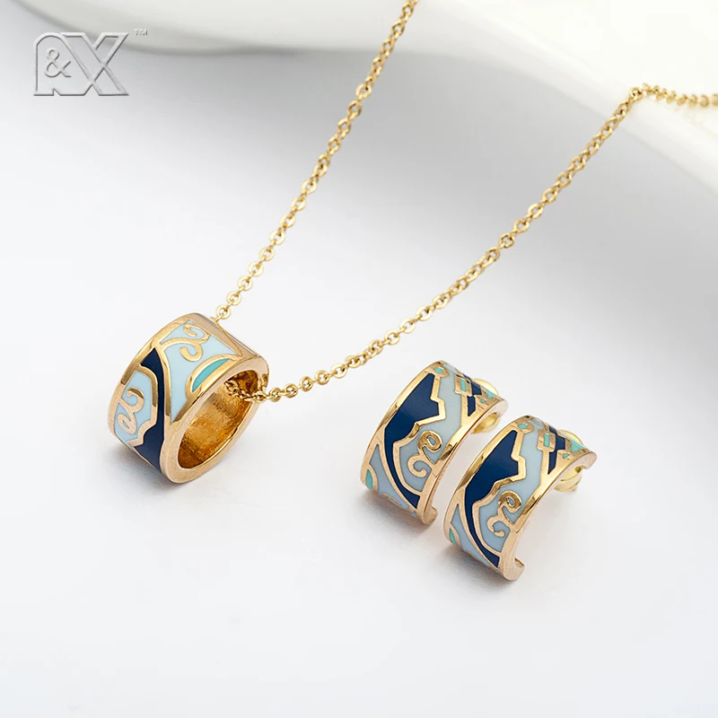 R&X Jewelry Girls sieraden Dubai Fashion Party Romantic Necklace/earrings African Beads Stainless Steel Enamel Bridesmaid Sets