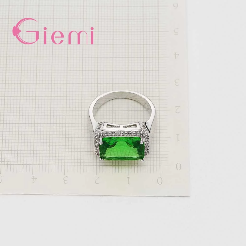 Big Rectangle Green Crystal Jewelry Luxury Clear Finger Rings for Mother Best Love Gifts Pure Silver Women Anel