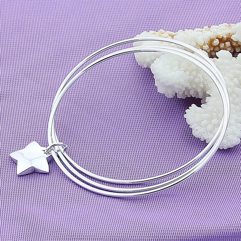 925 Silver Star Three Circle Bangles For Women  Fashion Jewelry Valentines Gift