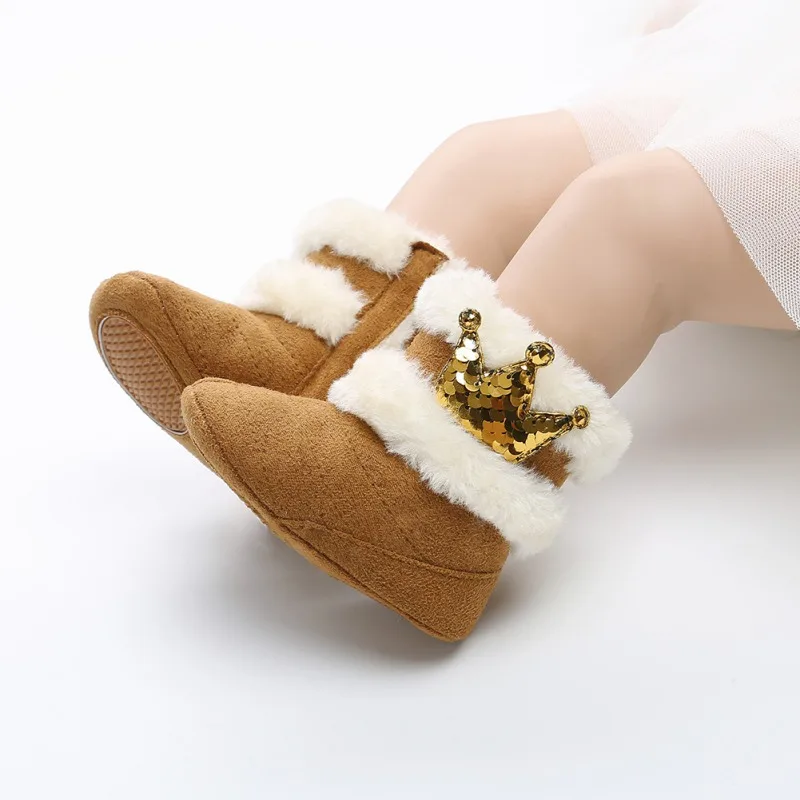 Fashion Newborn Infant Baby Girls Winter Warm Crown Fur Mid-Calf Length Slip-On Furry Boots 0-18M