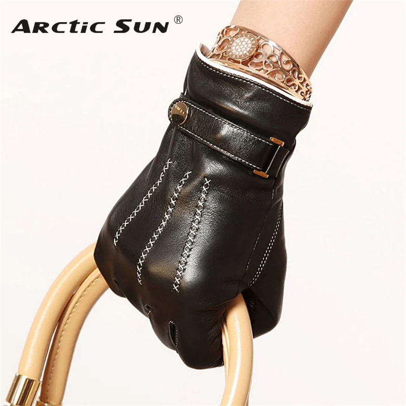 Hot Sale Women Gloves Top Fashion Sheepskin Glove Hand Embroidery Female Lambskin Genuine Leather Buckle Wrist EL034PR