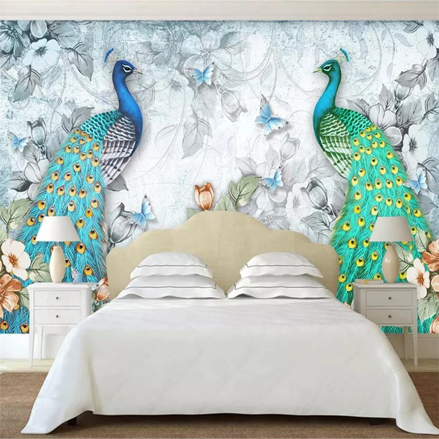 Beibehang Customized large wallpaper 3d murals modern fresh stereo auspicious peacock flower butterfly TV background wall paper