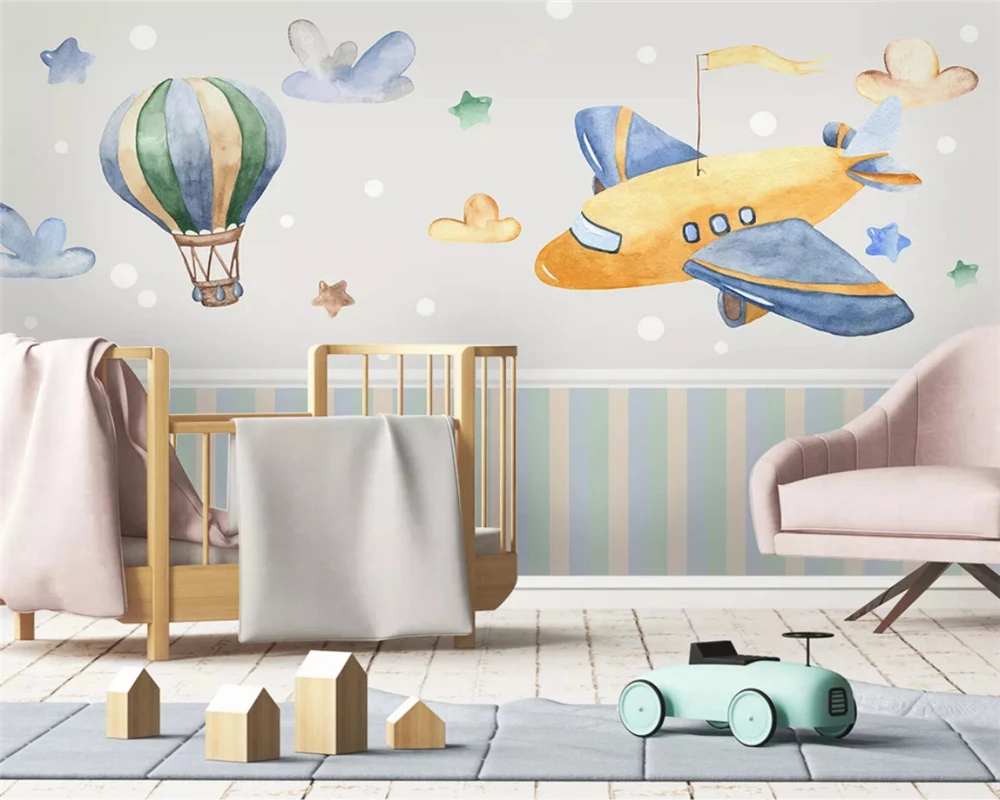 beibehang Custom Nordic Modern Hand Drawn Airplane Hot Air Balloon Children Background 3d Wallpaper papel de parede papier peint