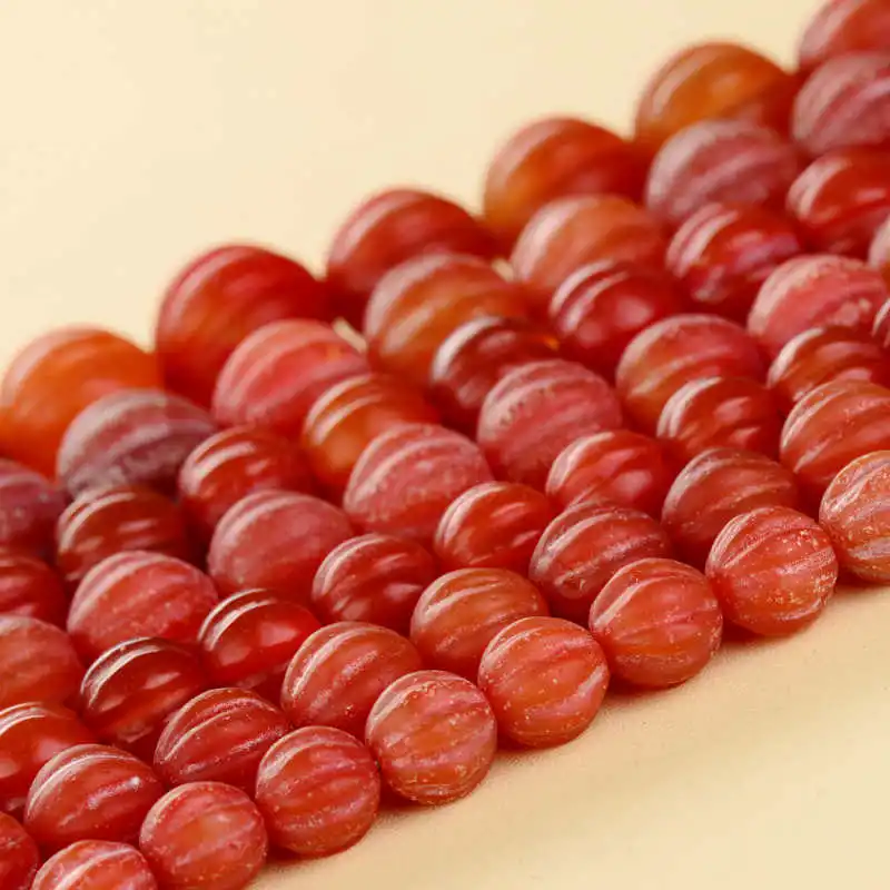 10PCS Natural Red Matted Carnelian Carved Pumpkin Loose Beads 8/10/12/14/16/18/20mm Round Melon Agates Beads TSB0456