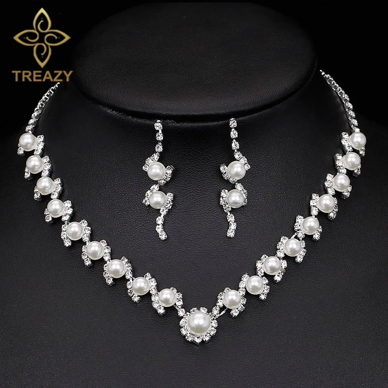 TREAZY Silver Color Simulated Pearl Crystal Bridal Jewelry Sets for Women Necklace Earrings Wedding Jewelry Sets Bijoux Femme