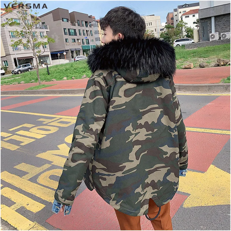 VERSMA Hip Hop Camouflage Winter Parka Jacket Coat Men Korean Oversized Fur Hooded Padded Thick Youth Parkas Women Dropshipping