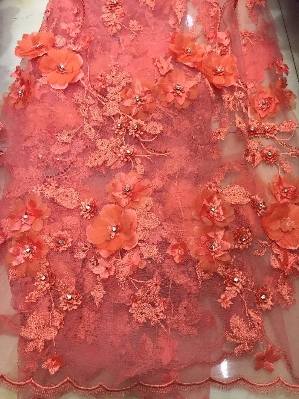 5yards NE014  good quality nice orange 3d FLOWER  embroidery Tulle lace fabric for evening dress/wedding