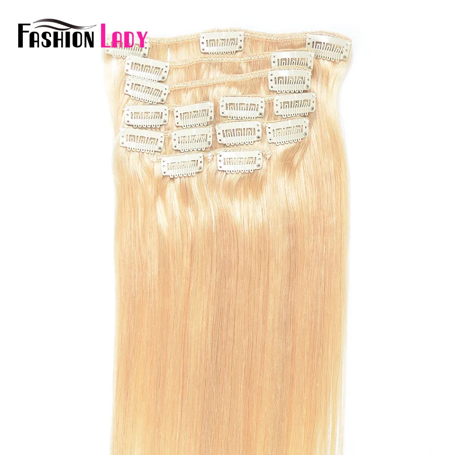 Extensions de cheveux naturels brésiliens non-remy lisses avec Clips pré-colorées, Fashion Lady, 9 pièces par ensemble, avec 17 pièces