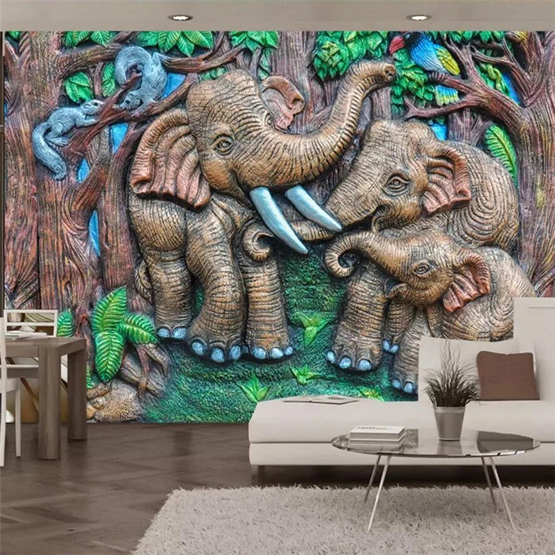 

wellyu Custom wallpaper 3d photo murals stereo relief woodcarving forest elephant children's room mural TV background wallpapers