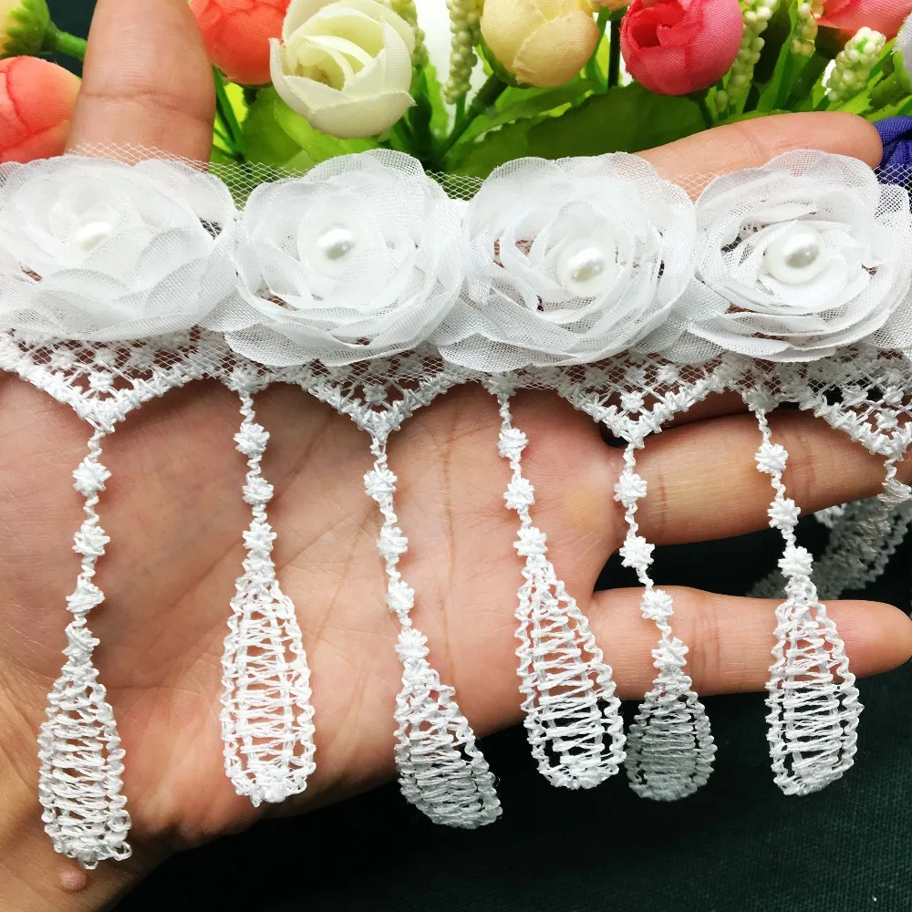 

20Pcs Tear Drop Pearl Rose Flowers Tassel Lace Trim Ribbon Fabric Mesh Embroidered Applique Wedding Dress Hat DIY Sewing Craft