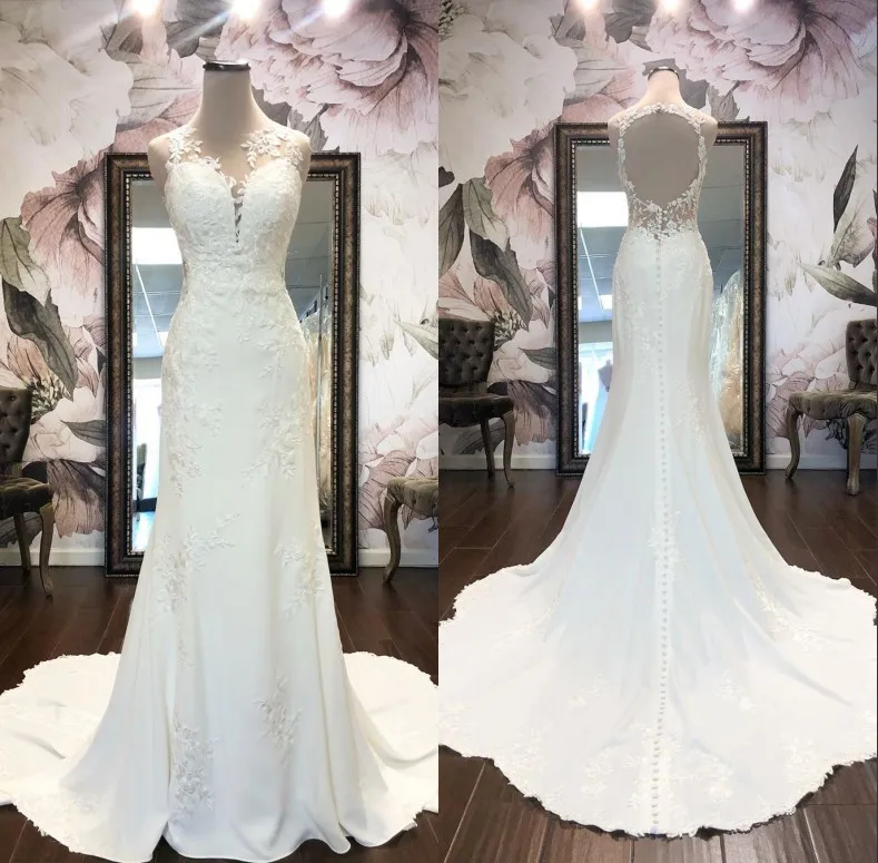 2020 Fashion Wedding Dresses Lace Geappliceerd Pailletten Mouwloos Hollow Terug Bruidsjurken Real Beelden Een Lijn Bruids Jurk